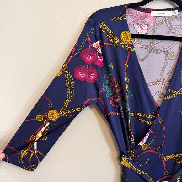 JustFab Mini Wrap Dress XL Blue Multi Chain Floral Tie Waist Surplice Equestrian - Picture 5 of 8